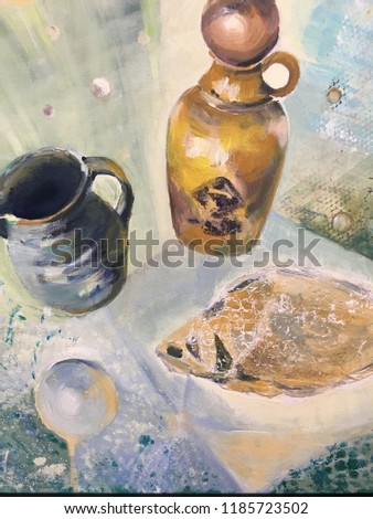 Picture of butter with oil paints, fish on the table