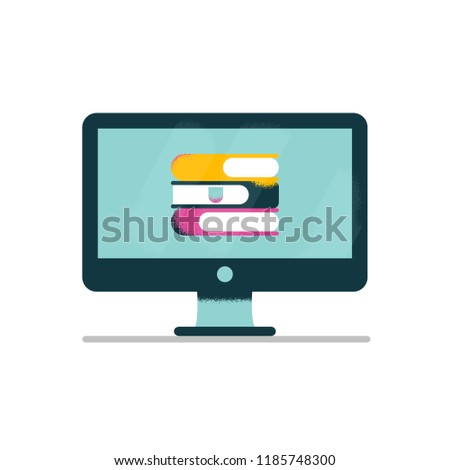educational concept on e-learning and online courses or library. Vector illustration with a stack of books on a computer monitor isolated on white background