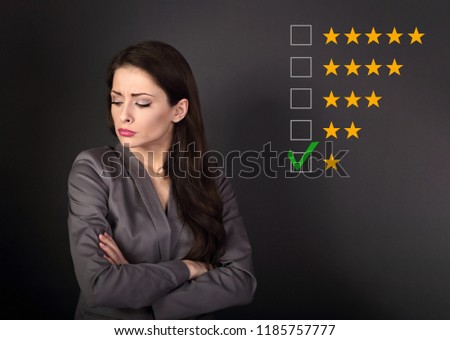 The bad, failure worst rating, evaluation, online review. One star. The time to make business better. Unhappy resentful business woman in suit with folded arms on grey background