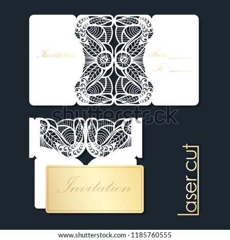 Lasercut template and gold stamping. Invitation to the celebration and an envelope. Greeting card for laser cutting with floral ornament. Paper cutout vector illustration.