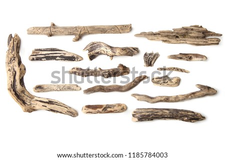 Set of driftwood isolated on white background. Pieces of river drift wood. 
 Royalty-Free Stock Photo #1185784003