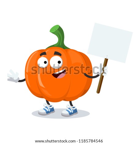 cartoon joyful pumpkin mascot with tablet in hand on white background