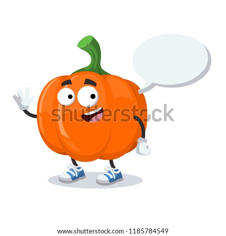 cartoon joyful pumpkin mascot with a speech bubble on a white background