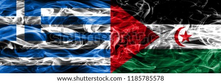 Greece vs Sahrawi smoke flags placed side by side. Thick colored silky smoke flags of Greek and Sahrawi