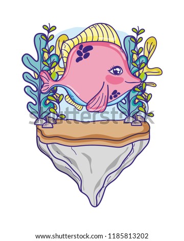 tropical fish animal in the stone with seaweed plants