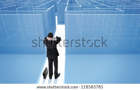 Make a difficult decision. Achieving the goal. Without the sign "Welcome" on the wall. Blueprint. Encounter difficulties. Businessman standing in front of the entrance to the maze.