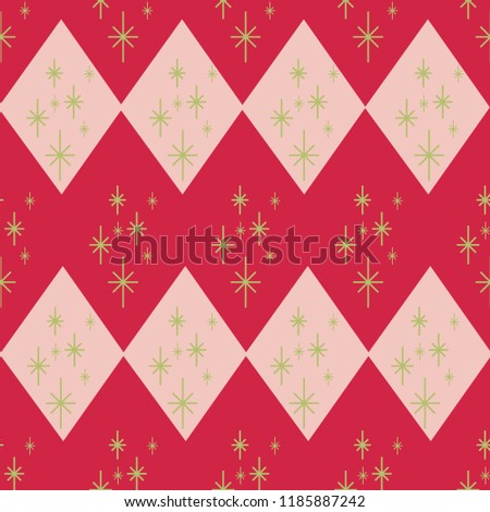 Simple,  elegant Scandinavian style harlequin pattern with stars. Seamless vector, soft pastel powder pink with red and light green. Holiday elegance- textiles, gift wrapping, boxes, bags, home decor.