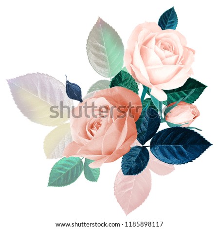 Floral vintage card with flowers. Roses on white background. Floral bouquet for design of wedding invitations, greetings, business card, decoration floral shops, packaging, shop windows, signboards.
