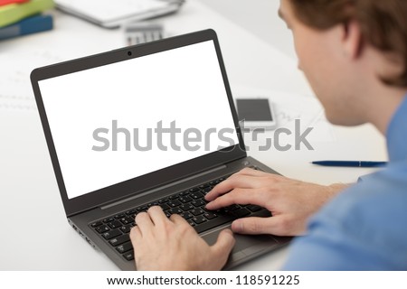 businessman working on his laptop with copy space on a screen Royalty-Free Stock Photo #118591225