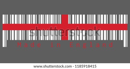 Barcode set the color of England flag, red centred cross on a white background. text: Made in England. concept of sale or business.