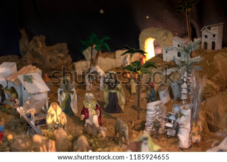 Nativity scene with shepherds and characters of the birth of jesus child