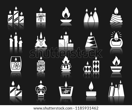 Candle flame icon set. Isolated sign kit of church decoration. Pictograms of memorial fire, aromatic wax, romantic night. Diwali festival simple fire different shape contour symbol. White vector icon