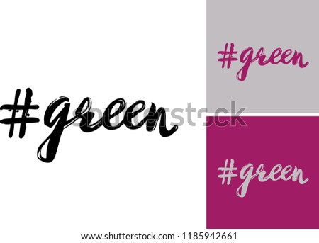 Illustration of green hashtag. Luxury fashion style clip-art icon for branding, t-shirt print, promo ads. Isolated vector element on white, gray and amaranth purple colors.
