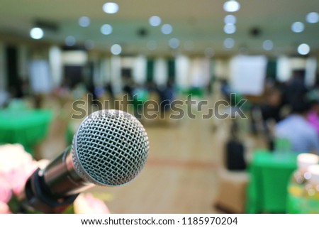 Close up microphone at the meeting room. Selective focus with blurred background. Education, business and technology concept.