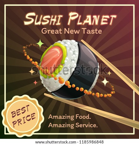 Sushi roll planet poster design. Japan food restaurant promotion concept. Vector space illustration.