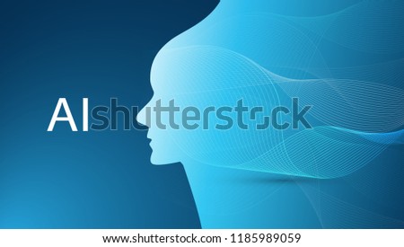 Futuristic Machine Learning, Artificial Intelligence, Cloud Computing, Automated Support Assistance and Networks Design Concept with Wavy Pattern and Human Head