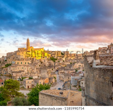 panorama of the medieval town of Matera at sunset, Italy. Europe