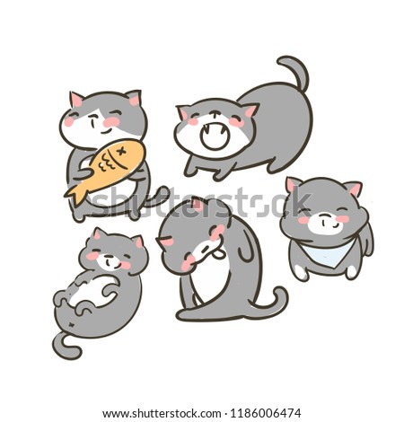 doodle cute little cat vector set grey food  yawn lick lay smile