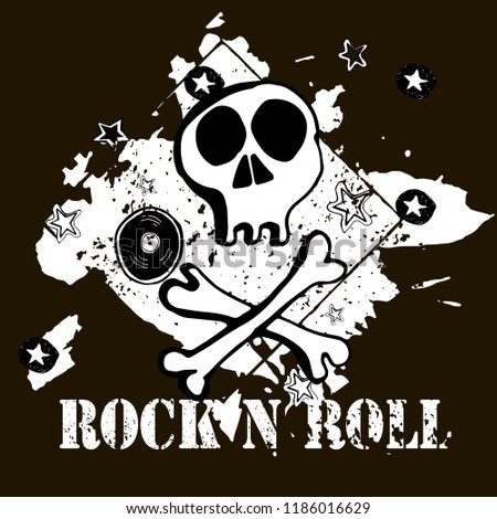  Grunge texture background , text Rock n Roll. Skull and bones. Rock symbol.  Hand drawn  vector illustration.