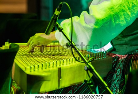 Hand playing on kokle a Latvian plucked string instrument belonging to the Baltic box zither family. Royalty-Free Stock Photo #1186020757