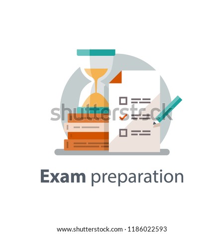 Exam preparation, school test, examination concept, checklist and hourglass, choosing answer, questionnaire form, education, vector flat illustration Royalty-Free Stock Photo #1186022593