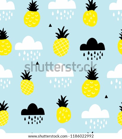 Scandinavian style seamless pattern with pineapples and rain weather. Vector artistic background for decoration.