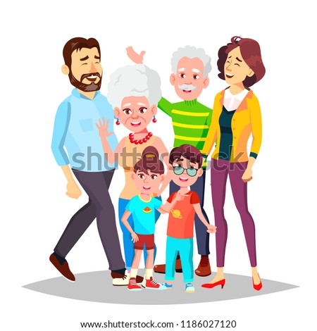 Family Vector. Cheerful. Mom, Dad, Children, Grandparents Together. Banner, Flyer, Brochure Design. Isolated Cartoon Illustration

