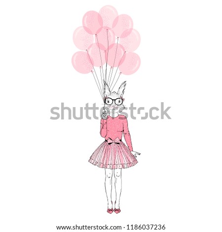 festal squirrel girl with pink balloons, anthropomorphic animal illustration