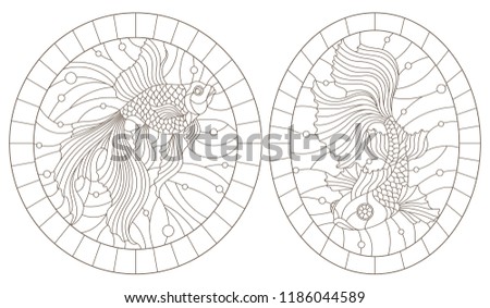 Set of contour illustrations of stained-glass Windows with goldfishes, the round image in the frame, dark contours on a white background  