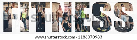 Collage of a group of fit people in sportswear smiling while doing different exercises together in a gym with an overlay of the word fitness