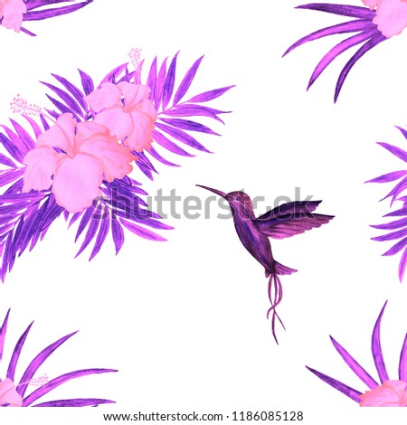 Seamless pattern with watercolor tropical illustration. Hibiscus flower, palm leaves, hummingbird.