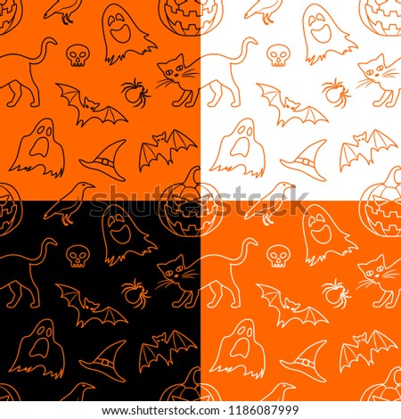 Set of 4 vector seamless patterns for Halloween. Seamless background with contour Halloween elements: jack-o-lantern, ghosts, raven, witch’s hat, bats, cat, skull and spider