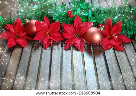 Christmas decoration with poinsettia, seasonal background for greeting cards