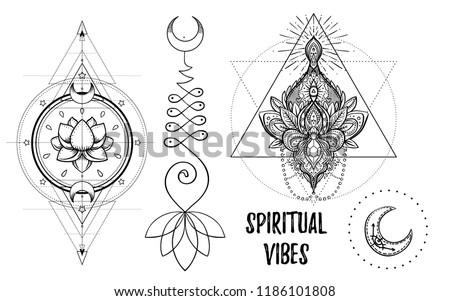 Set of Ornamental Boho Chic Style Elements. Vector Budda illustration. Tattoo template. Hand drawn tribal esoteric symbol collection. Hippie design elements. Coloring book for adults.