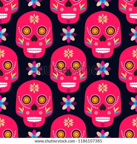 Mexican seamless pattern,sugar skulls and colorful flowers. Template  for mexican celebration, traditional mexico skeleton decoration. Dia de Los Muertos, Day of the Dead .Vector illustration.