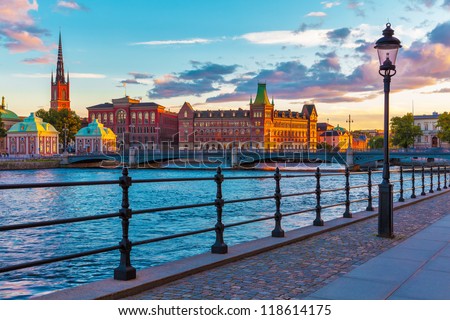 Scenic summer sunset in the Old Town (Gamla Stan) in Stockholm, Sweden Royalty-Free Stock Photo #118614175