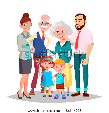 Family. Cheerful. Mom, Dad, Children, Grandparents Together. Banner Flyer Brochure Design Isolated Cartoon Illustration