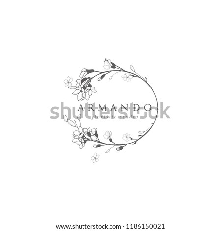 Black Hand Drawn Floristic Feminine Brand Logo Template, Frame with Delicate Flowers, Branches, Plants. Decorative Outlined Vector Illustration. Floral Design Element.