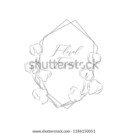 Simple Line Drawing Floristic Frame Border with Delicate Cotton Flowers, Branches, Plants with Geometric Shape. Decorative Outlined Vector Illustration. Floral Design Element.
