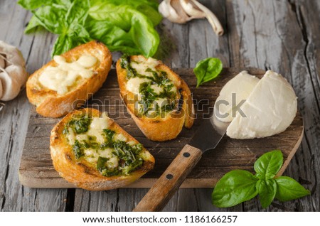 Garlic herbs toast with fresh mozzarella, food photography, vintage photography