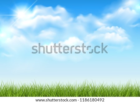 Beautiful vector sunny lawn or meadow with fluffy clouds and sun in the sky