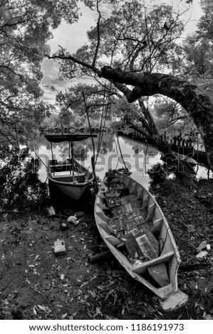 Traditional fishermen village in monochrome photography., Located at Terengganu, Malaysia.. soft and grain effect. infrared photography.
