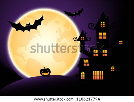 Halloween night, purple sky and full moon background