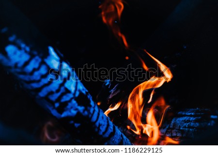 Beautiful fire with sparks, highlights and a burning log on a black background