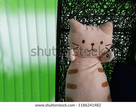 A sad face brown cat doll with green and black background