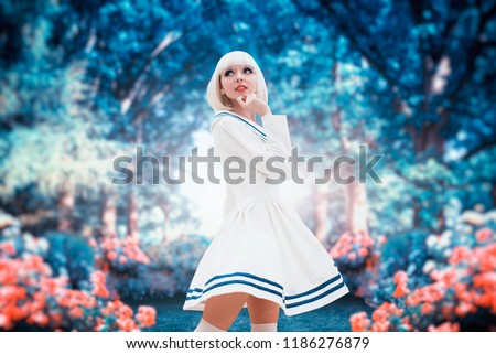 Anime style woman in park with cherry blossoms