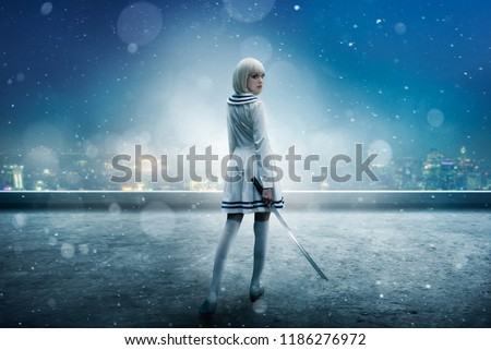 Anime girl on snowy edge of skyscraper roof