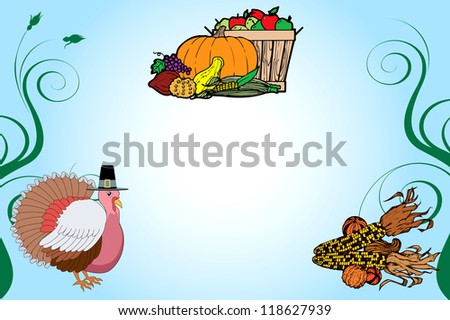 Vector Illustration of a Thanksgiving Turkey Background with fruit basket and corn.
