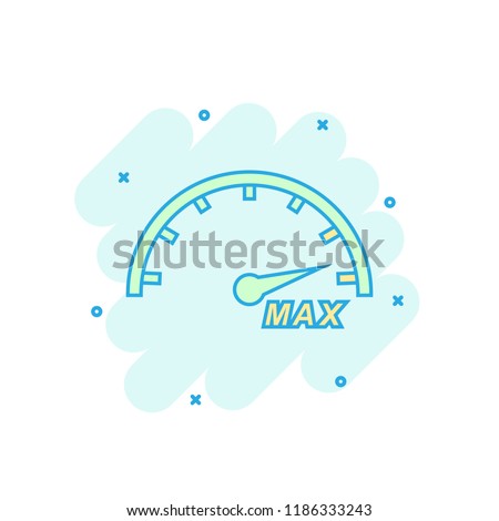 Cartoon colored max speed icon in comic style. Speedometer illustration pictogram. Tachometer splash business concept.