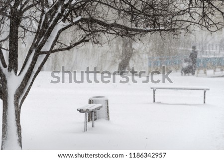 A snowstorm in the city. Snow-covered benches, trees and silhouettes of pedestrians. Selective focus.
